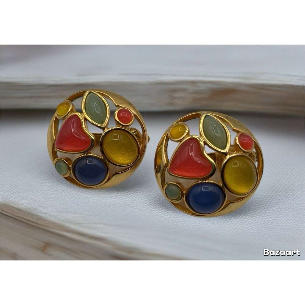 Trifari Gold Tone Clip On Earrings Fruit Salad Moonglow Jelly Belly Colorful